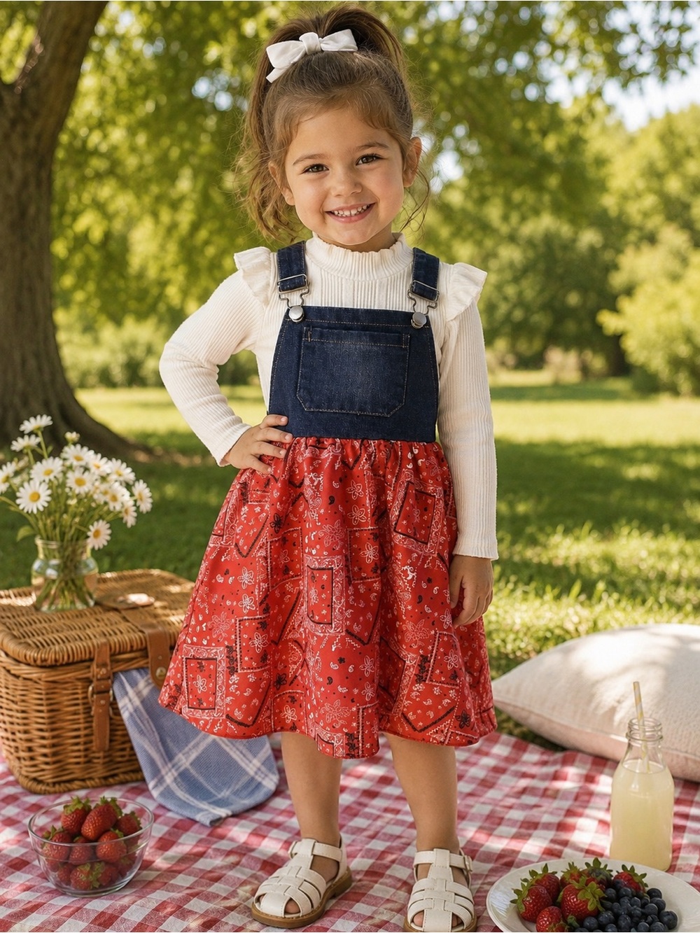 5T Girls Red Bandana Print Denim Pinafore Dress With SHIRT
